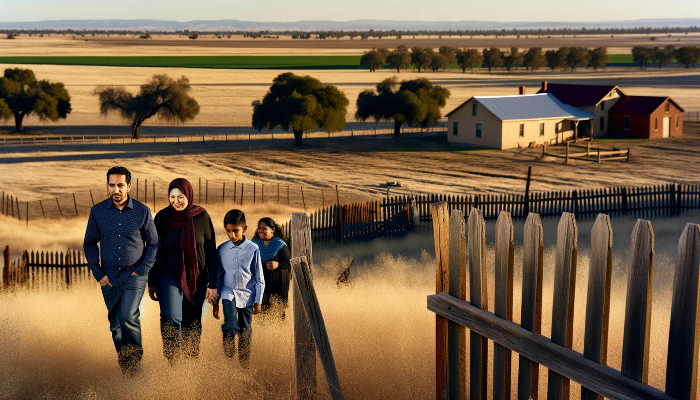 Family walking along inherited rural property in California