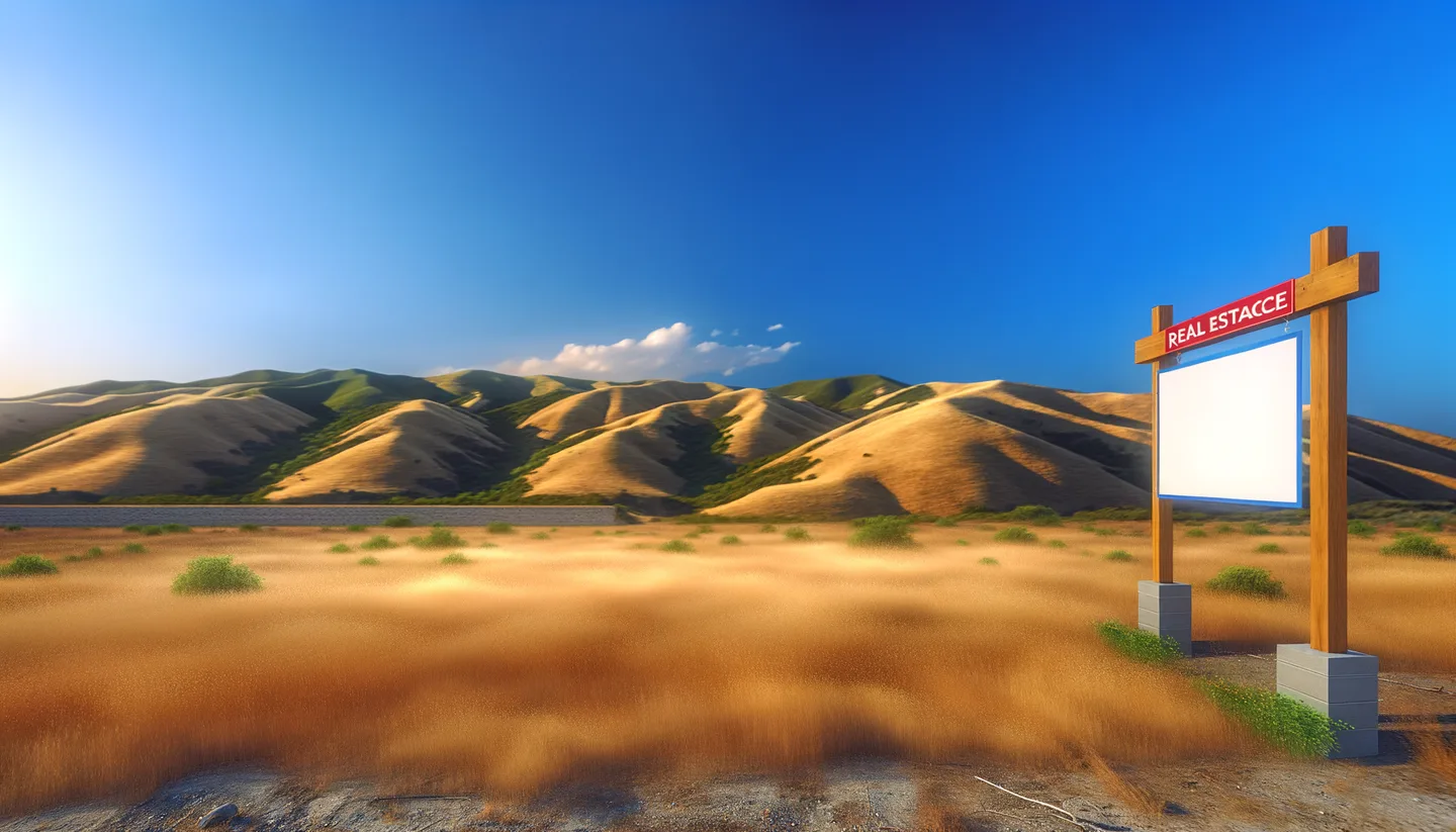 Vacant California land parcel with real estate sign at golden hour