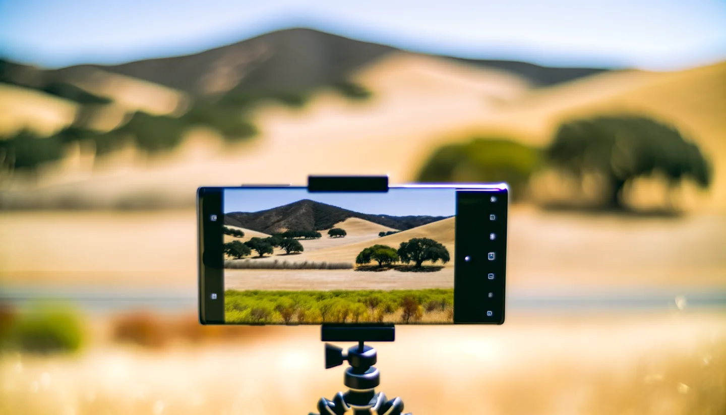 Smartphone on tripod photographing a vacant land parcel in California