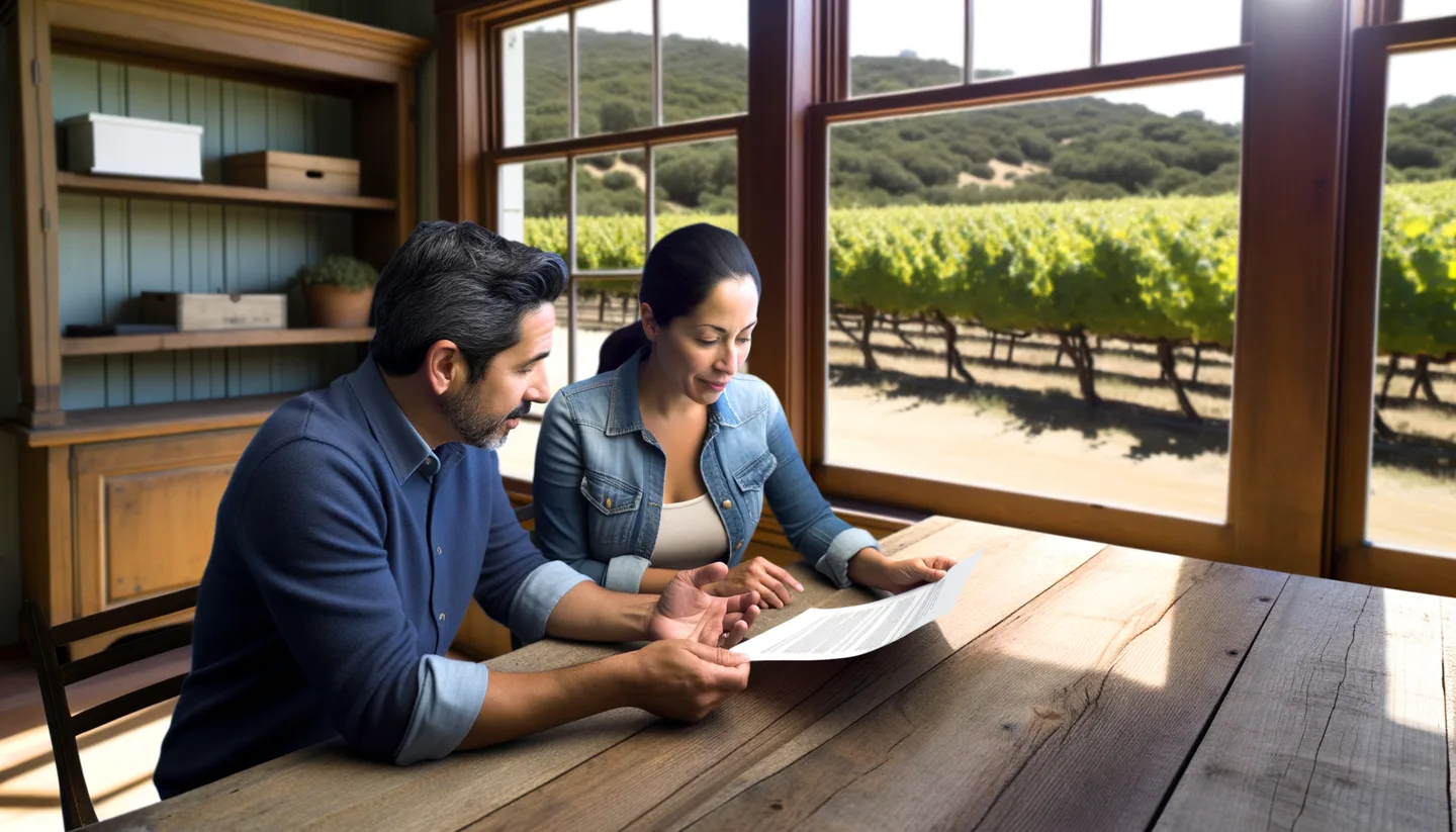 Two people reviewing land sale documents without a realtor