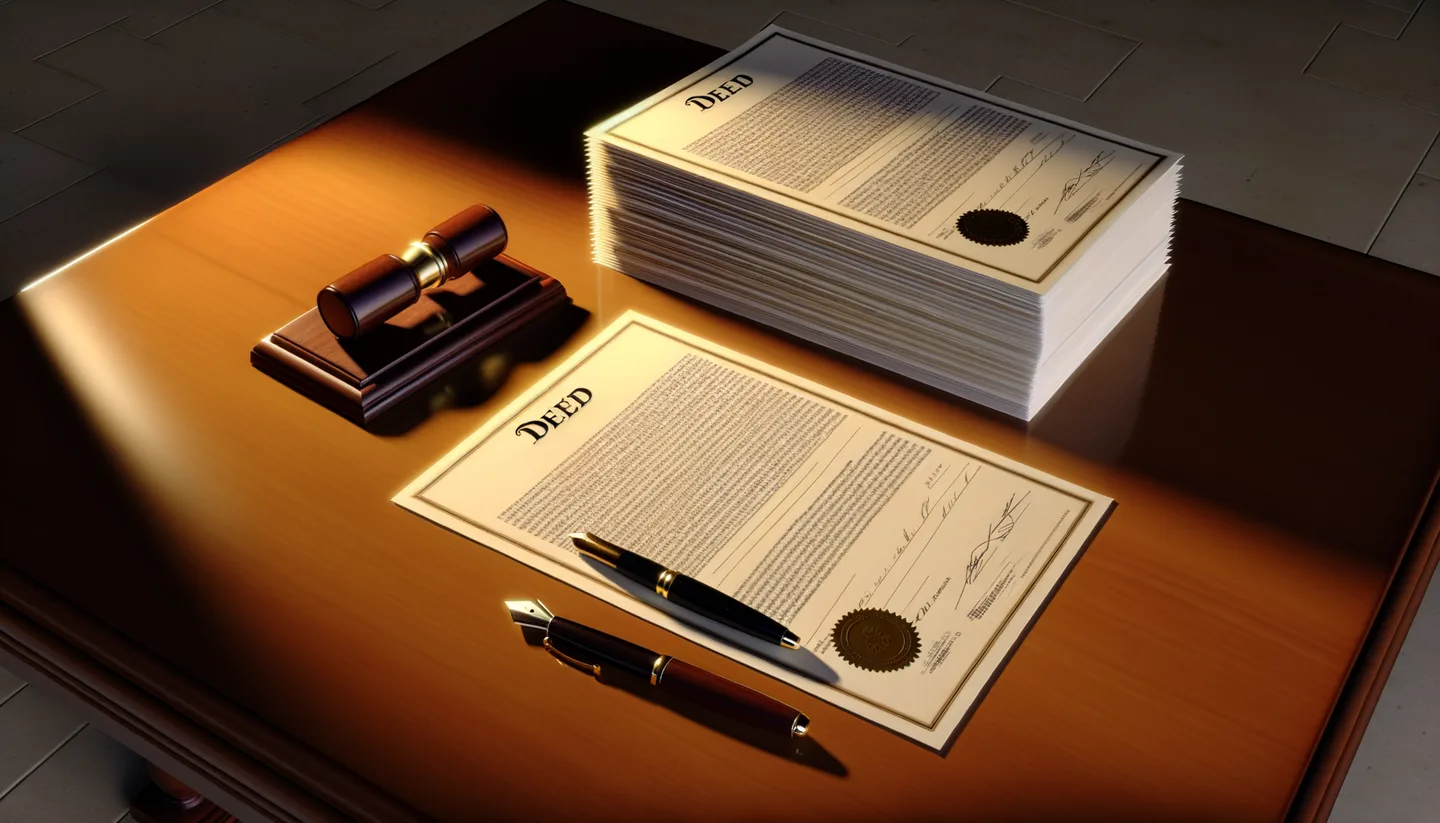 Legal land deed with notary stamp and fountain pen on desk