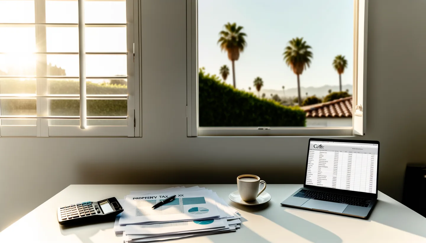 Property tax documents and laptop on a desk in California