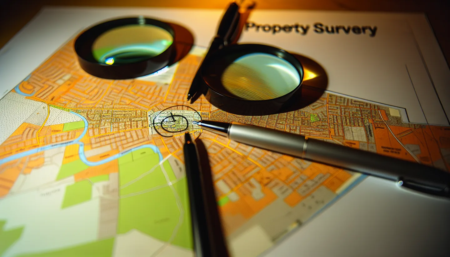 Property survey map and magnifying glass on a table