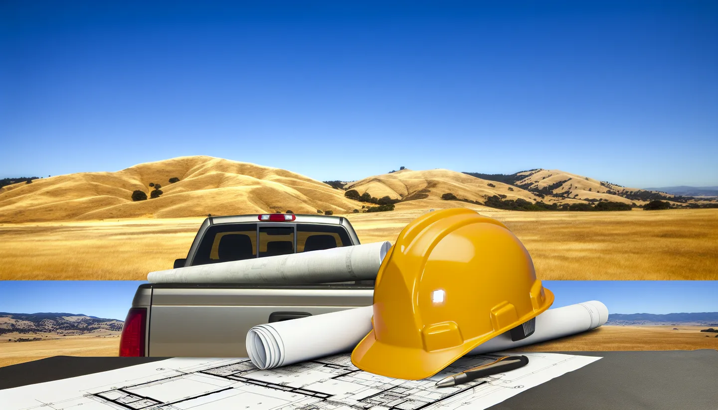 Blueprints and hard hat on a truck hood at a construction site