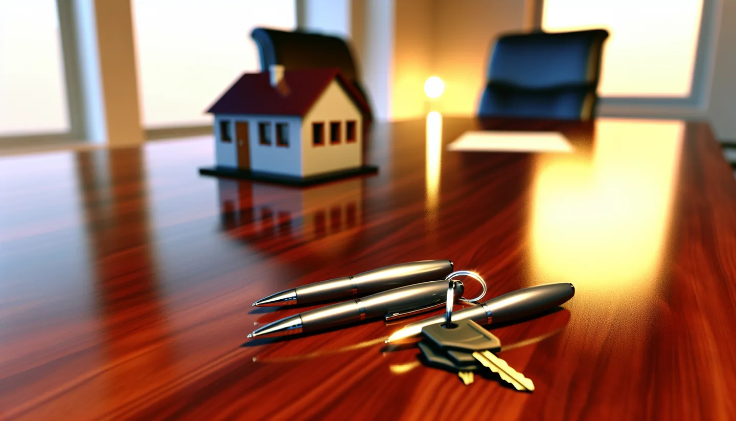 Property closing table with signed documents and keys from above