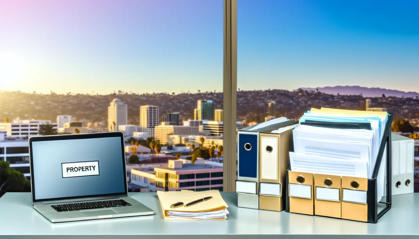 Professional office with property documents and California city view