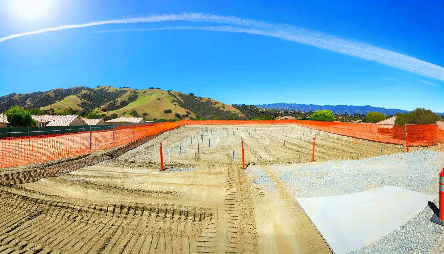 Graded construction lot with utility stakes in California foothills