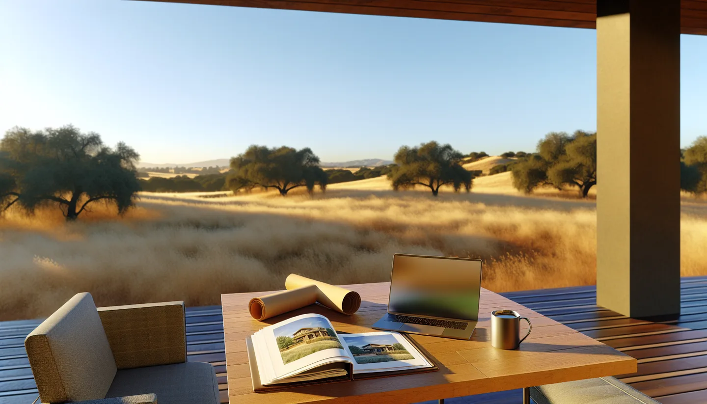 Laptop and property folder on a deck overlooking vacant land in California
