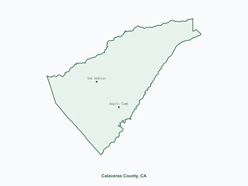 Map of Calaveras County, CA showing major cities