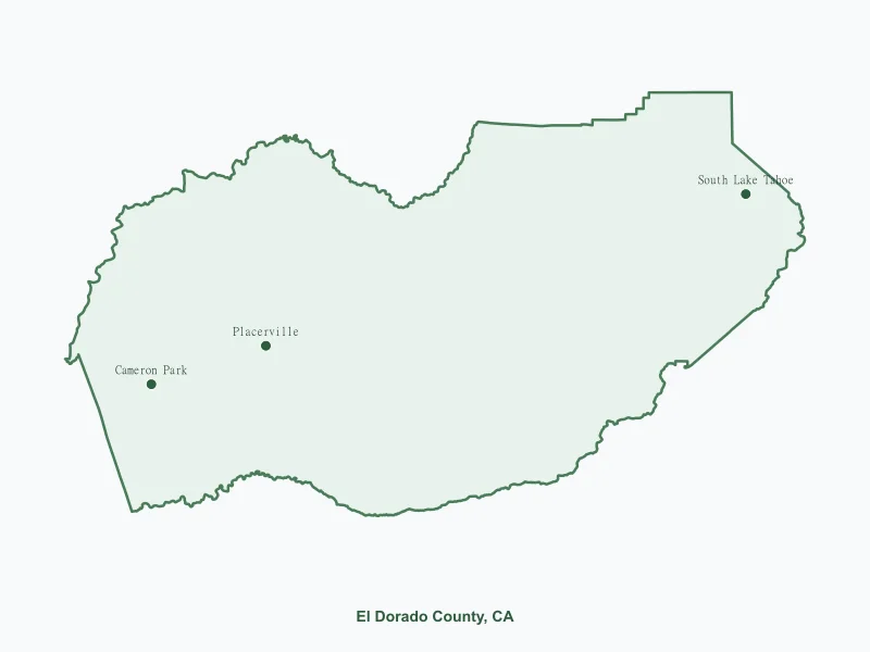 Map of El Dorado County, CA showing major cities