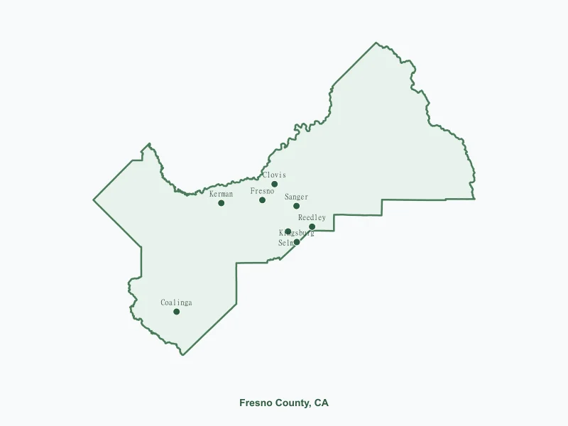 Map of Fresno County, CA showing major cities