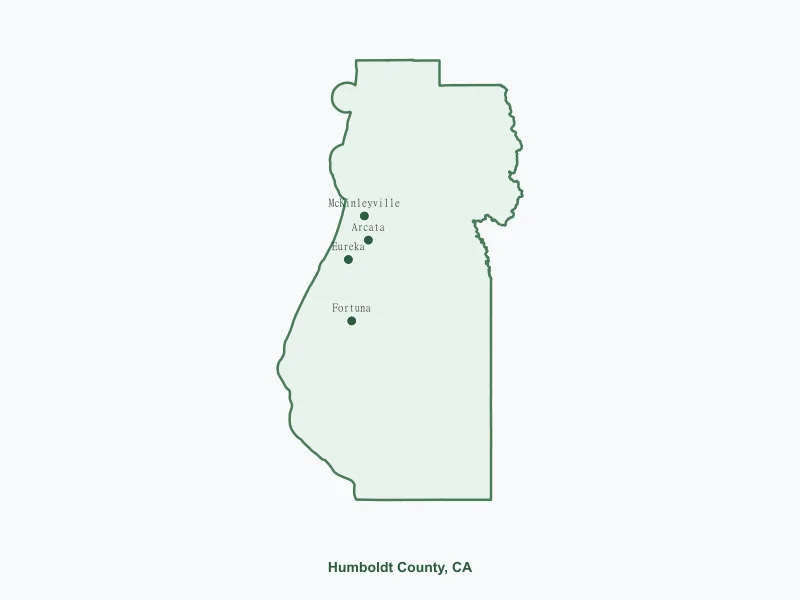 Map of Humboldt County, CA showing major cities
