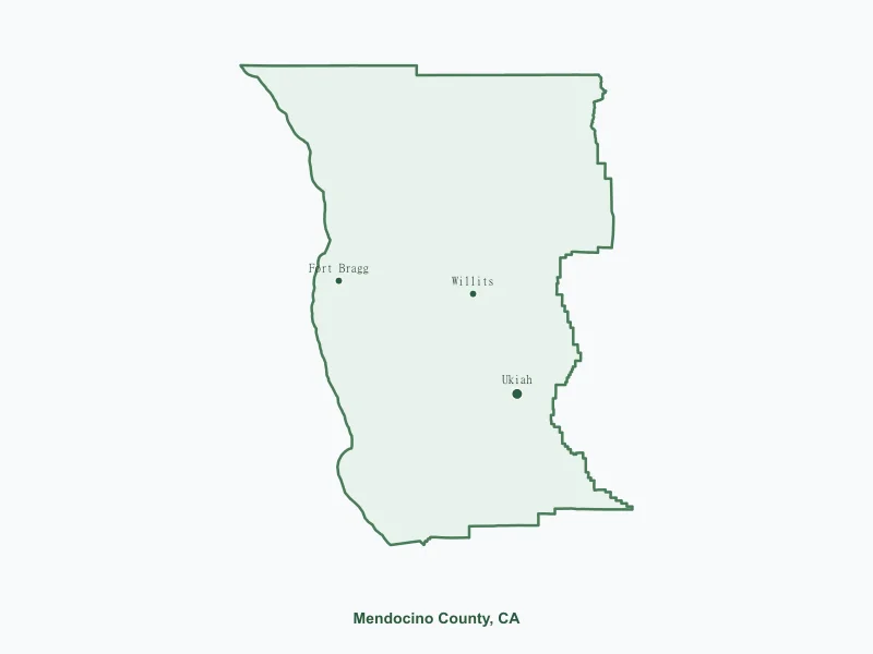 Map of Mendocino County, CA showing major cities