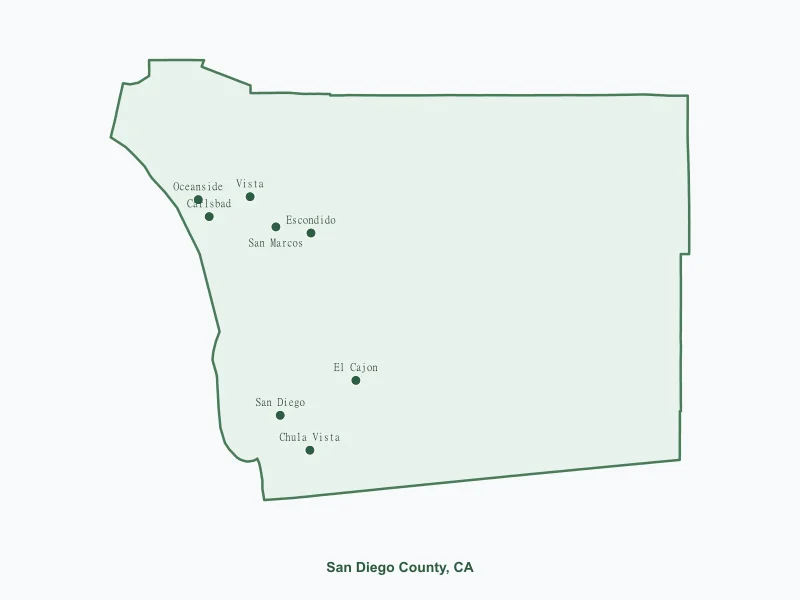 Map of San Diego County, CA showing major cities