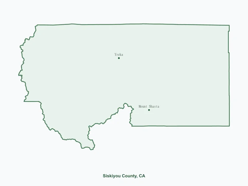 Map of Siskiyou County, CA showing major cities