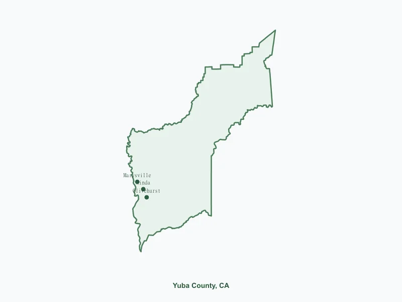 Map of Yuba County, CA showing major cities